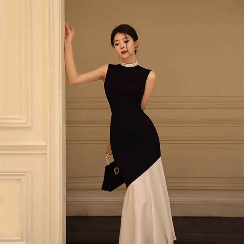 New Black Womens Summer Sleeveless Spliced Slim-fit Elegant Fish-tail Knit Maxi Dress