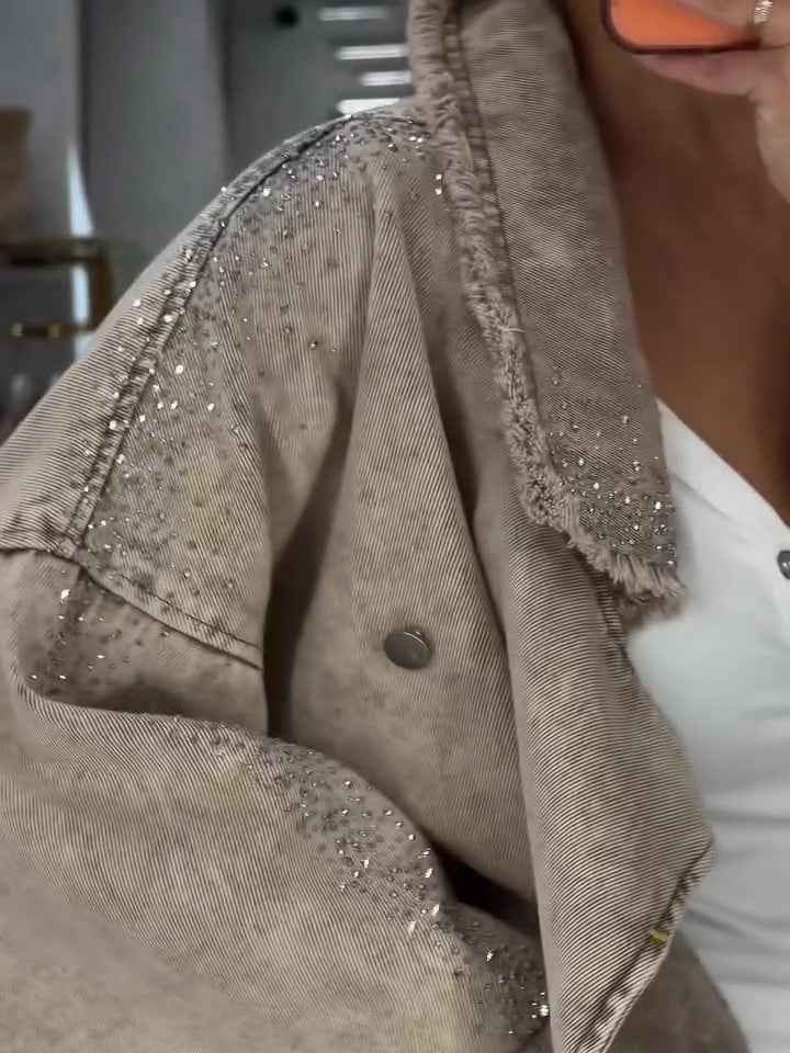 Rhinestone Frayed Wrap Cropped Denim Jacket