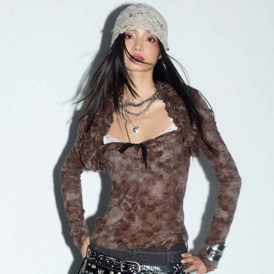 Women's Printed Lace Long Sleeve Top – Low Neckline Ruffled Hem Shirt