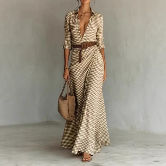 Slim-Fit Pleated Midi Dress with Belt — Plaid & Solid