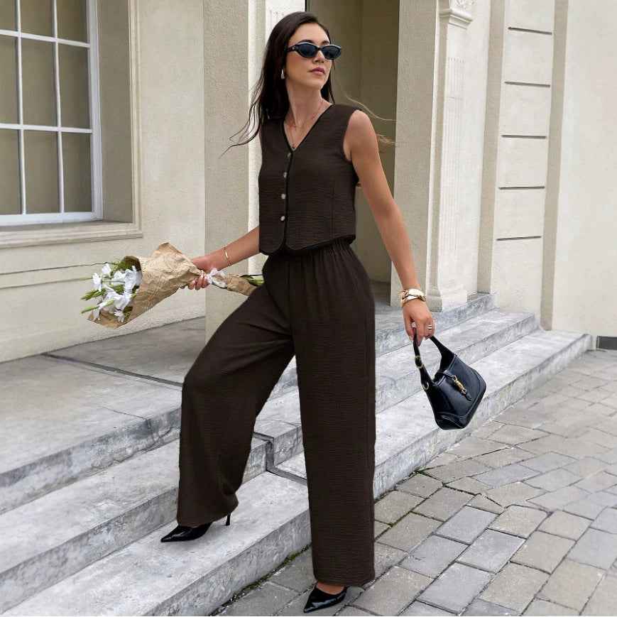 Sleeveless Vest & Wide-Leg Pants Set – Women’s Summer Two-Piece