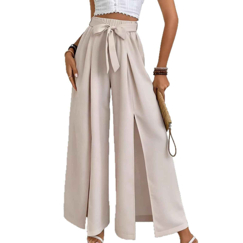 Summer New Solid-Color Casual Lace-Up Loose Womens High-Waisted Wide-Leg Long Pants