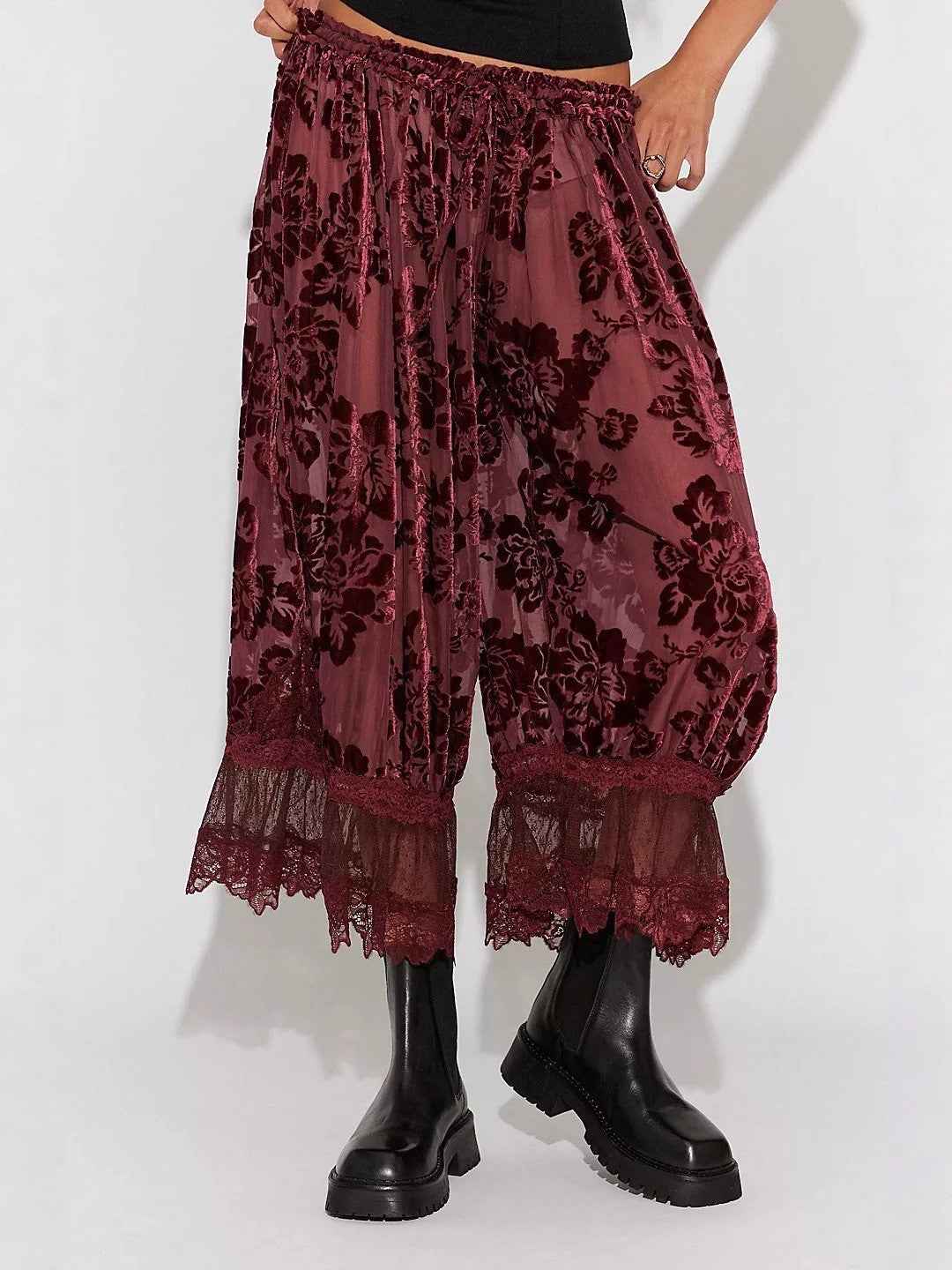Women's High-Waist Lantern Cropped Trousers – Lace Trim, 5 Colours