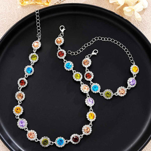 Colorful Zircon Bracelet & Necklace Set for Women – Zinc Alloy Pendant