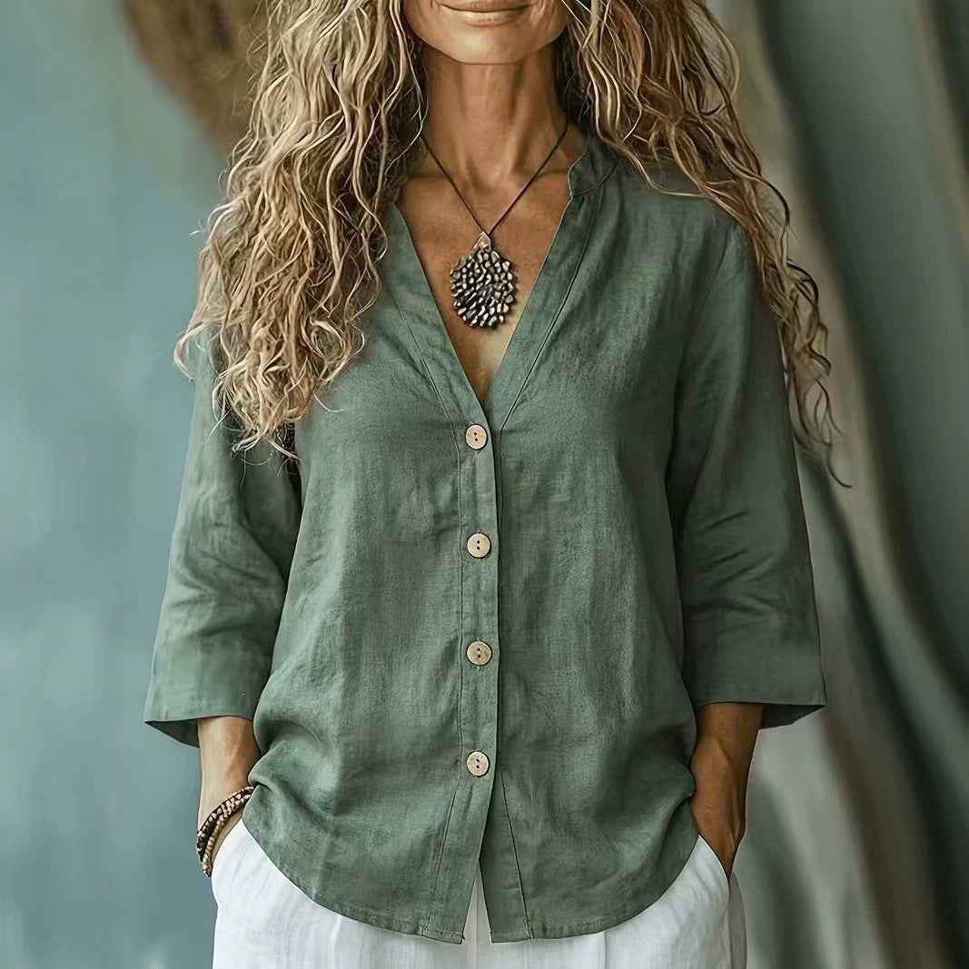 Casual Loose-fit V-neck Button-up Womens Linen Shirt