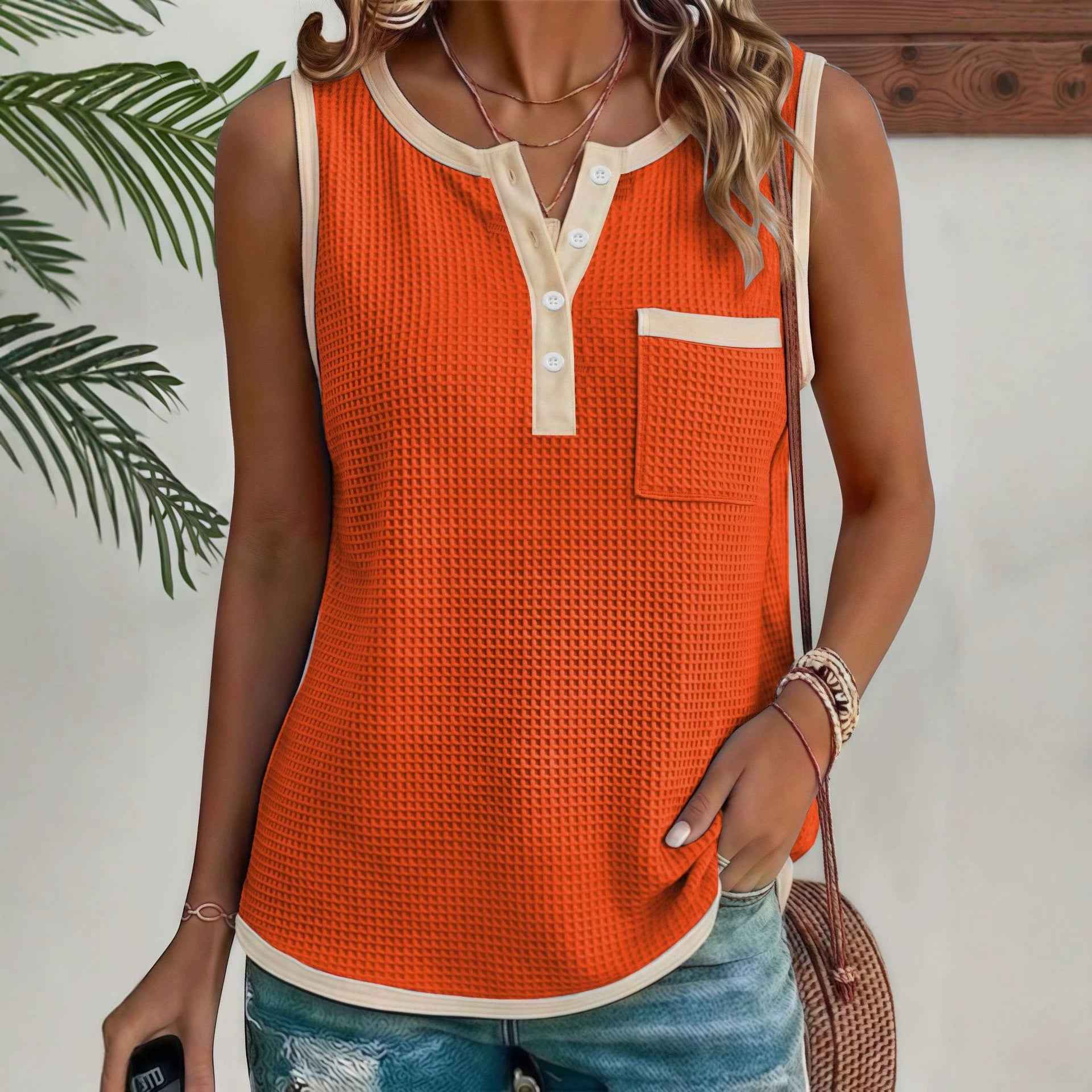 Fashionable Casual Solid-Color Waffle-Weave Patchwork Womens Vest