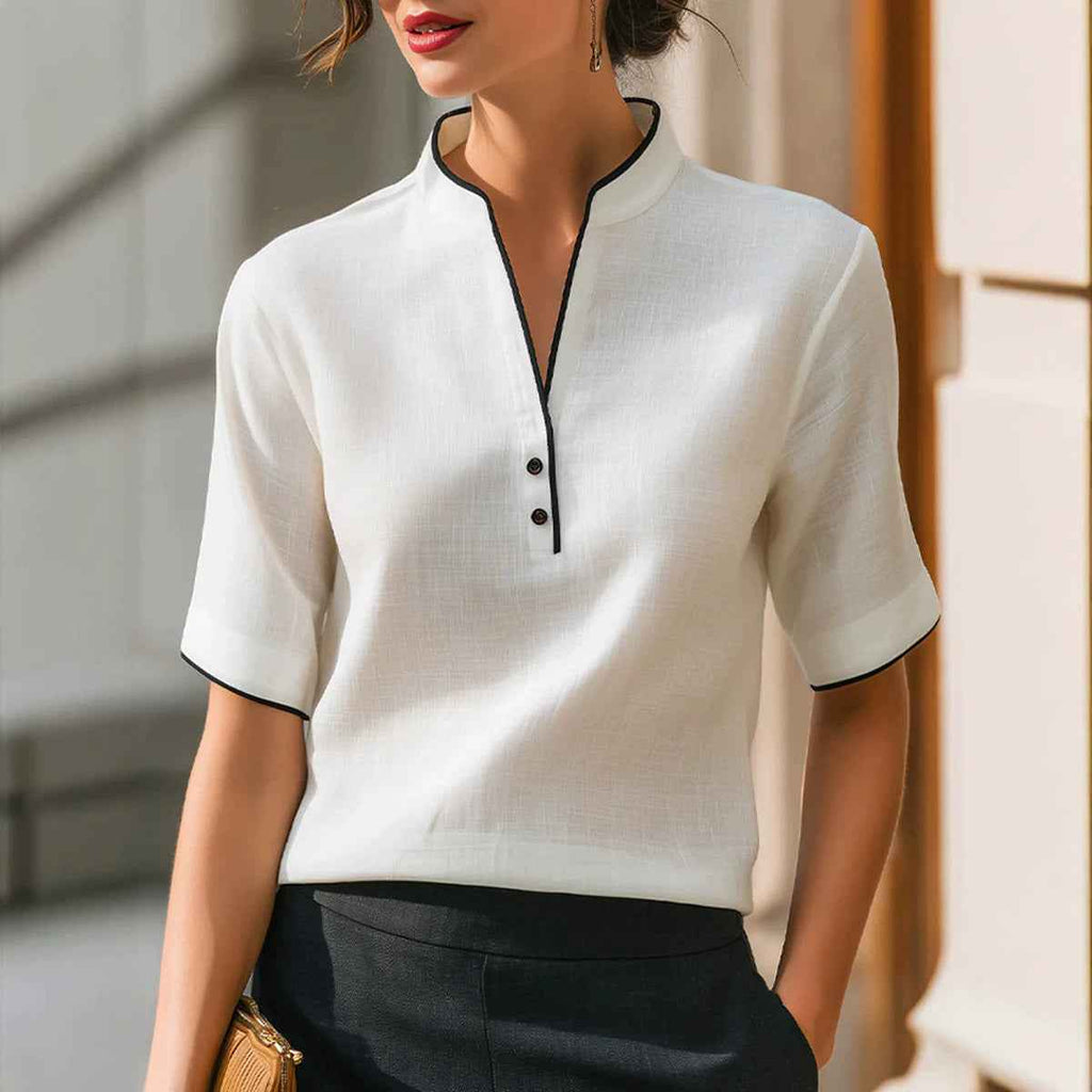 V-Neck Short Sleeve Pullover Top – Slim Fit Commuter