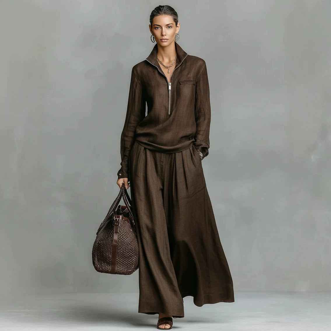 Womens Fashionable Casual Wide-Leg Pants Set With Zippers