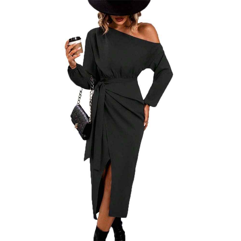 Women's Off-Shoulder Side-Slit Slim-Fit Midi Dress — Black