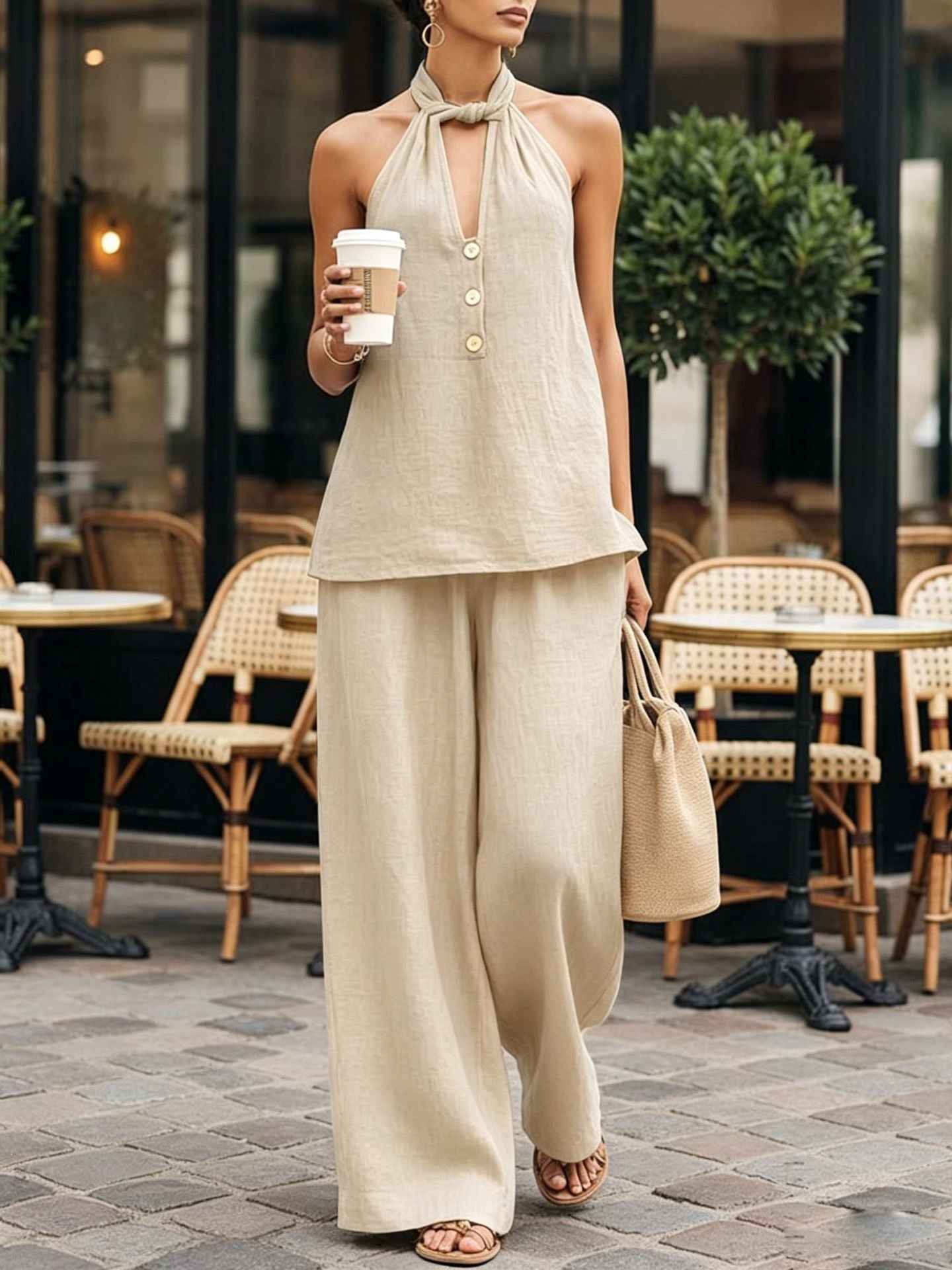 V-neck Halter Top And Wide-leg Trousers Two-piece Set
