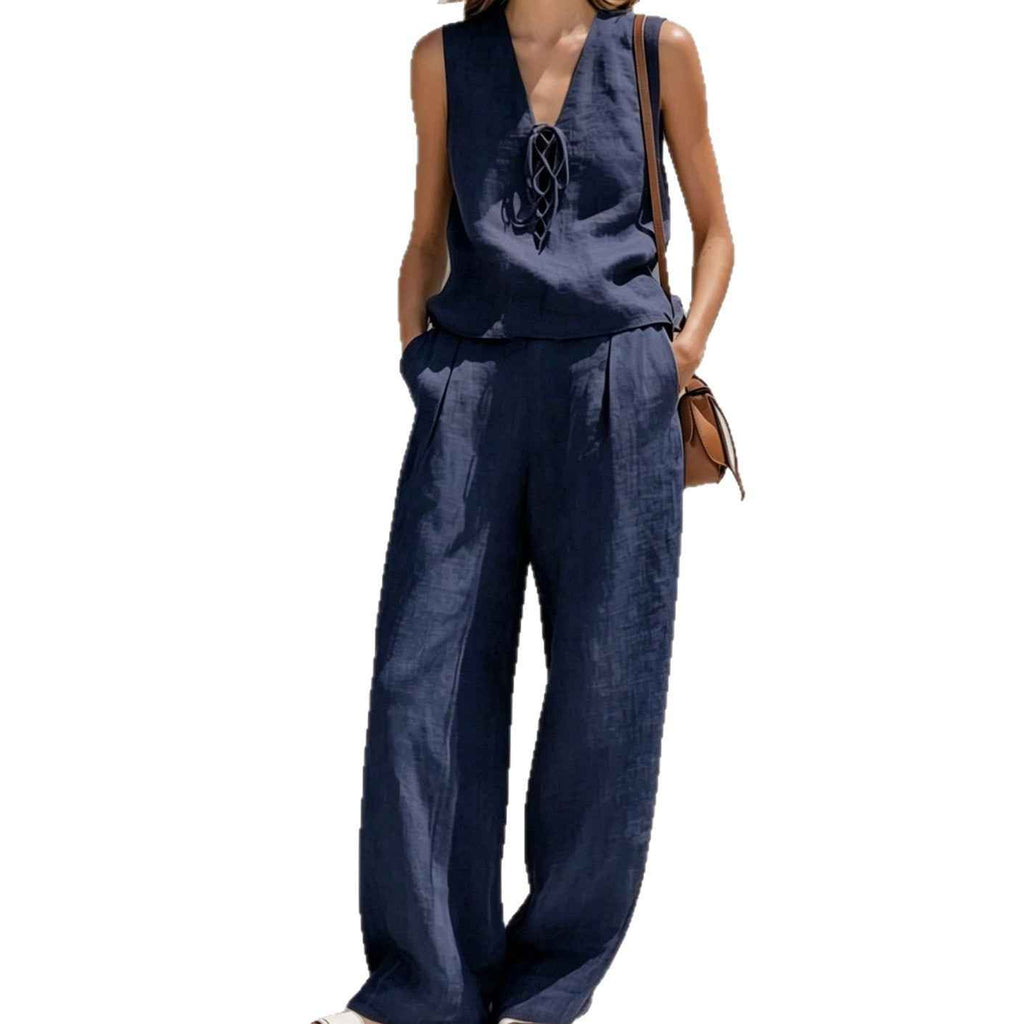 Linen Lace-Up Sleeveless Vest & Wide-Leg Pants Set