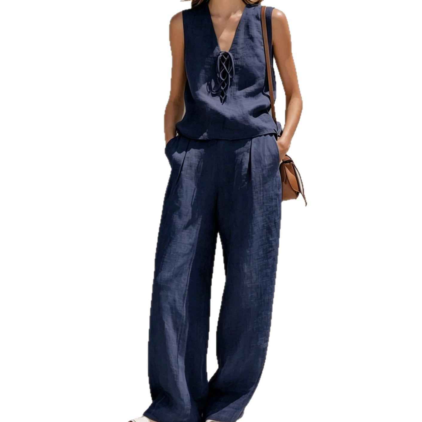 Linen Lace-Up Sleeveless Vest & Wide-Leg Pants Set
