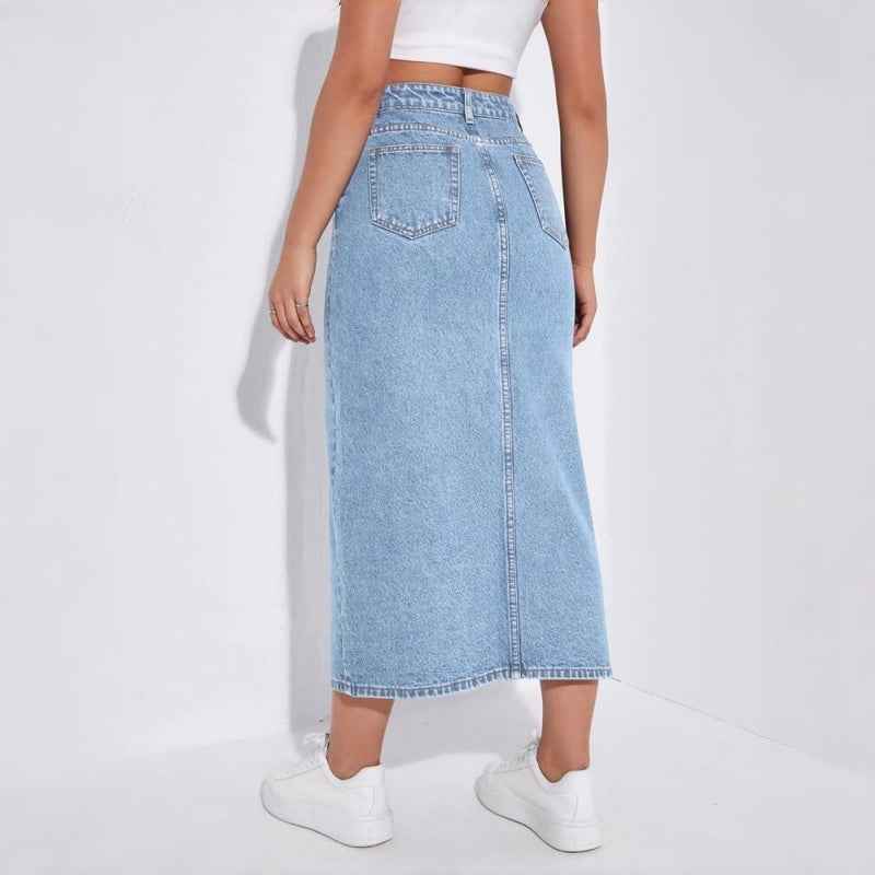 High-Waisted Light Wash Denim Midi Skirt – Front Slit A-Line Jean Skirt