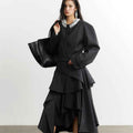 Flounced Hem Tailored Blazer – Belted, Dark Gray