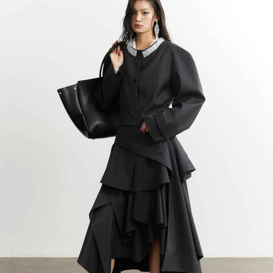 Flounced Hem Tailored Blazer – Belted, Dark Gray