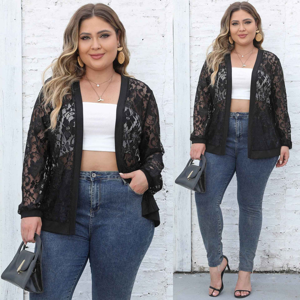 Sheer Mesh Open-Front Cardigan — Lace Ribbed Trim, Long Sleeve
