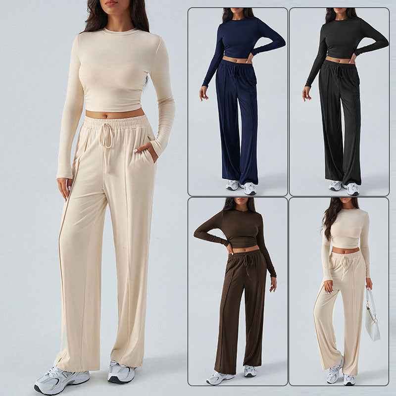 Long-Sleeve Top & Wide-Leg Pants Set – Solid Colour Co-ord