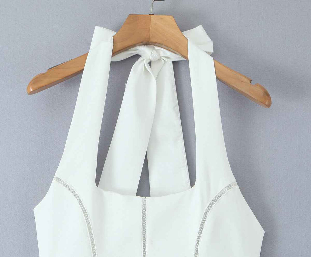 White Backless Halter-neck Mini Dress with Flared Hem
