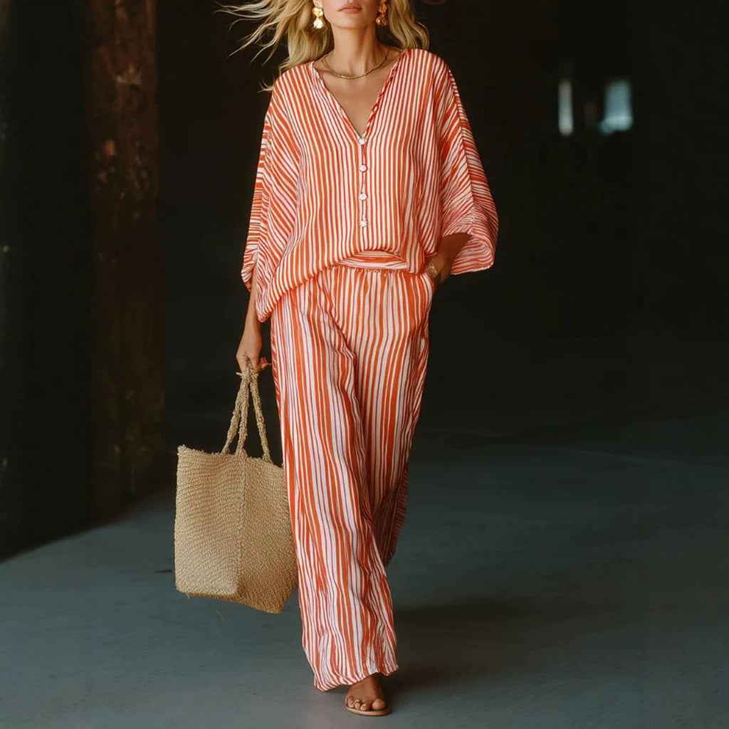 V-Neck Buttoned Cardigan & Full-Length Pants Set — Striped Two-Piece