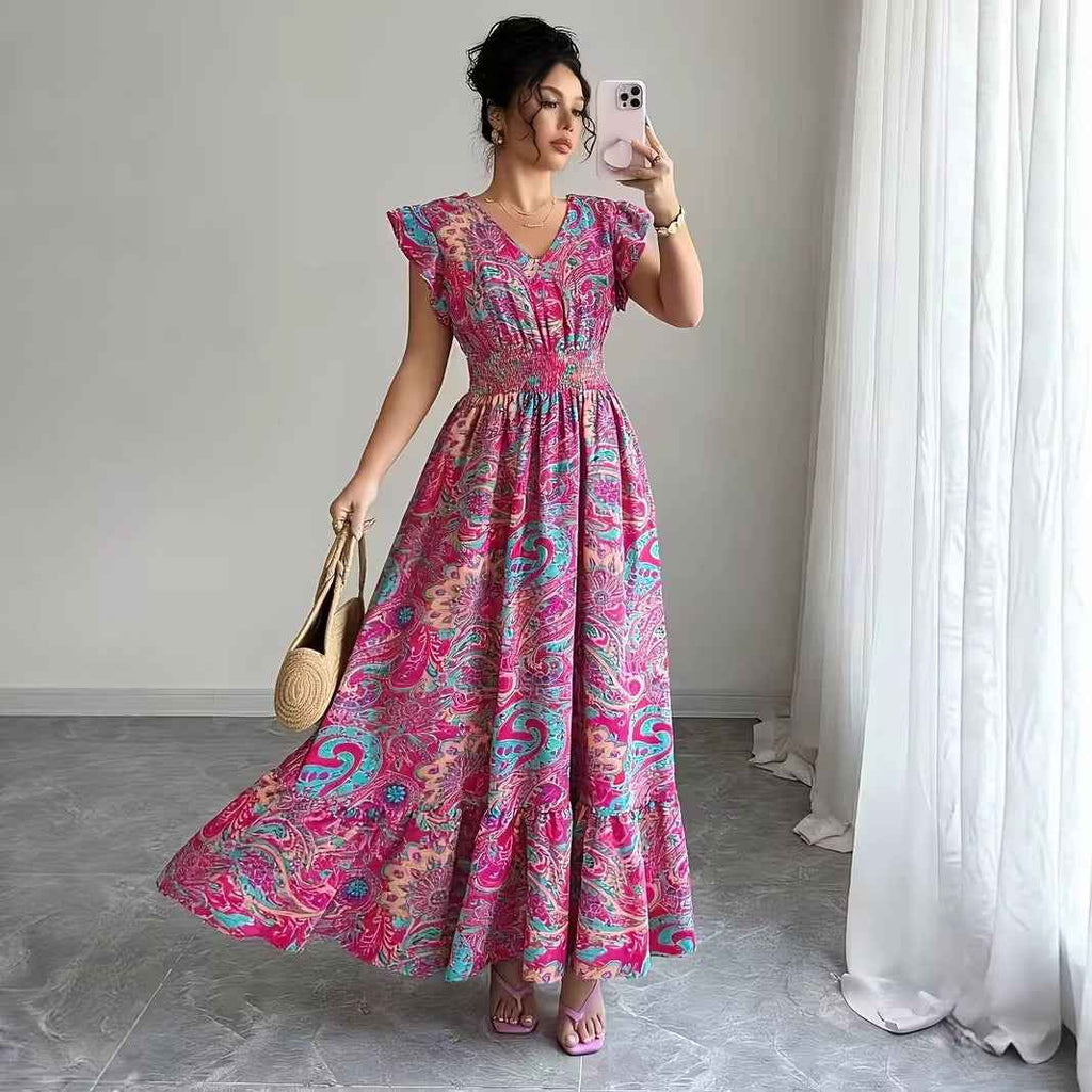 Floral Print V-Neck A-Line Flared Dress – Plus Size
