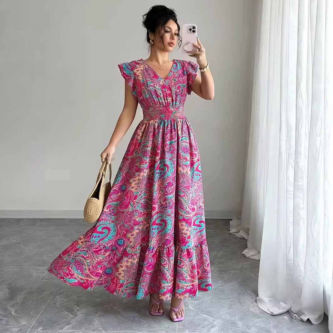 Floral Print V-Neck A-Line Flared Dress – Plus Size