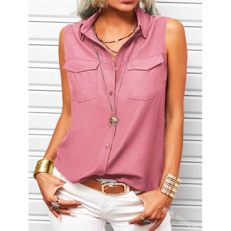Sleeveless Lapel Blouse with Pockets – Loose Fit