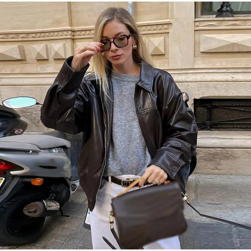 Faux Leather Patchwork Bomber Jacket
