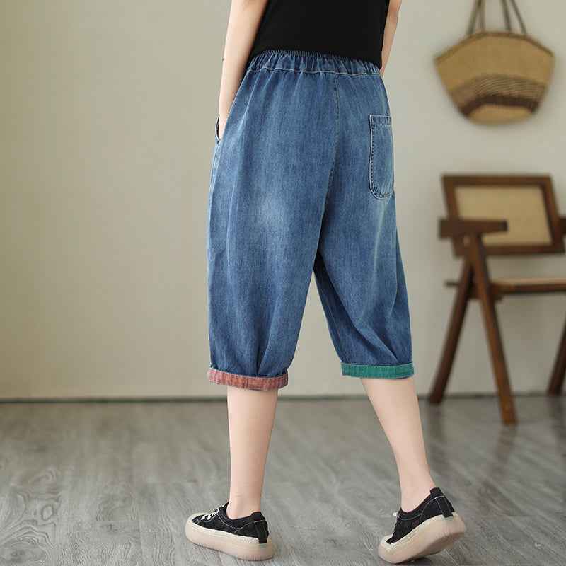 Washed Denim Harem Cropped Pants – High-Waist Retro Capris