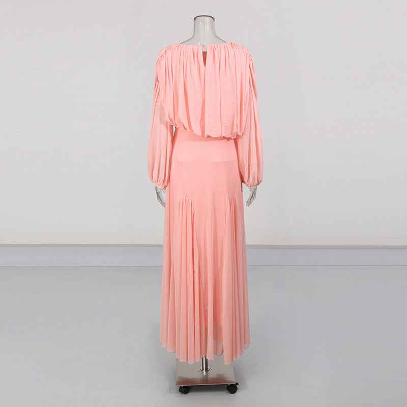 High-Waist Long-Sleeve Pleated Loose A-Line Floor-Length Maxi Dress