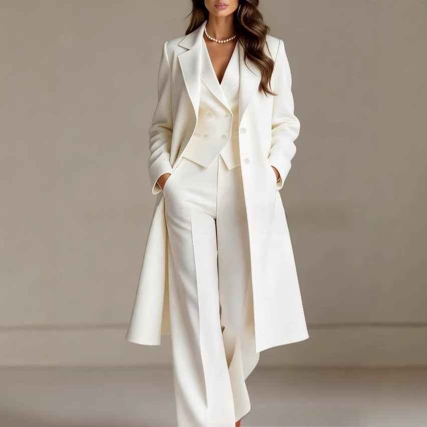 Women's Trench Coat, Vest & Wide-Leg Pants Three-Piece Set