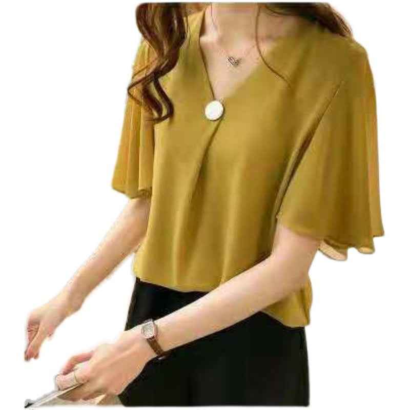 Belly-covering Chiffon Blouse For Women Summer Short Sleeves