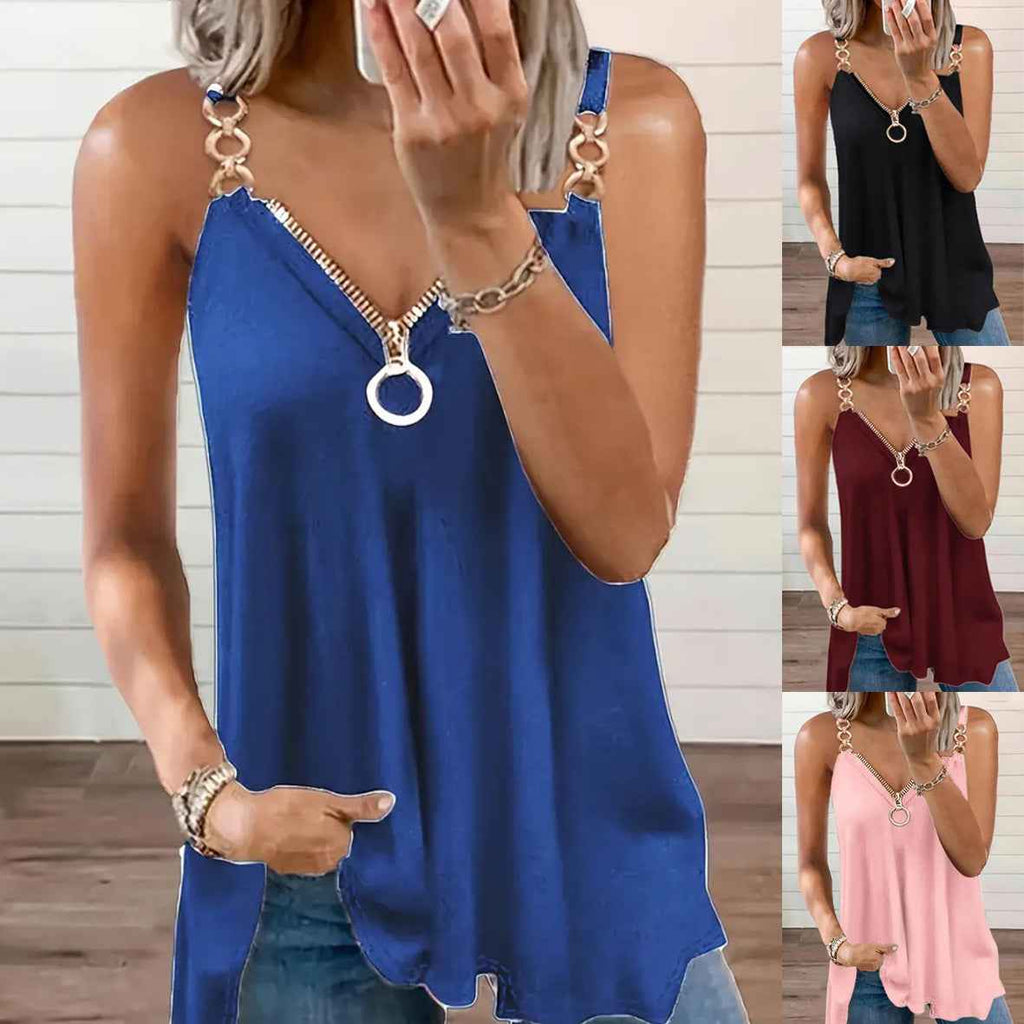 Women's Zip-Front Sleeveless V-Neck Cami Top