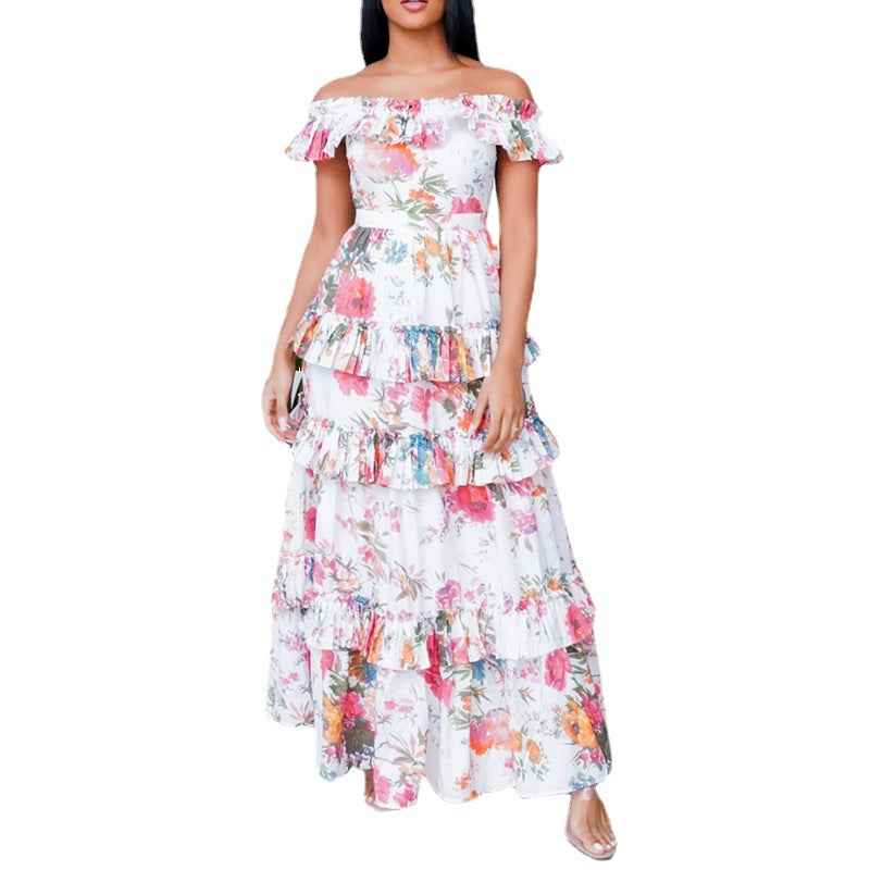 British-Style Printed Tiered Ruffle Hem Midi Dress