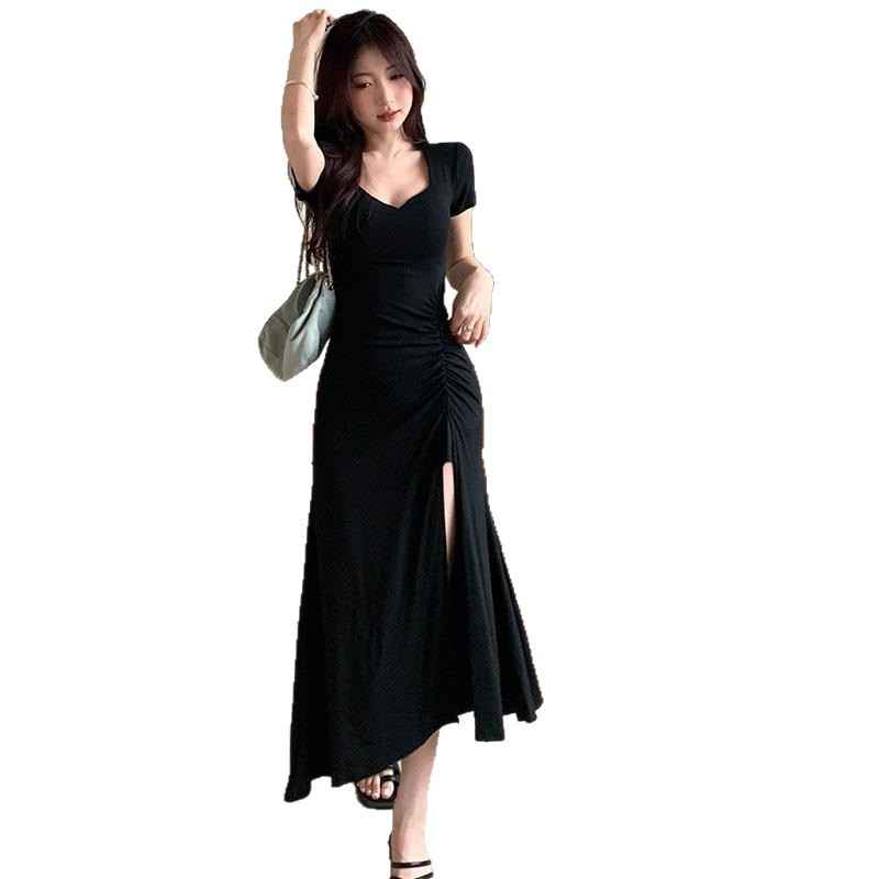 Three-Quarter Sleeve Square-Neck Patchwork Slim-Fit Slit Dress