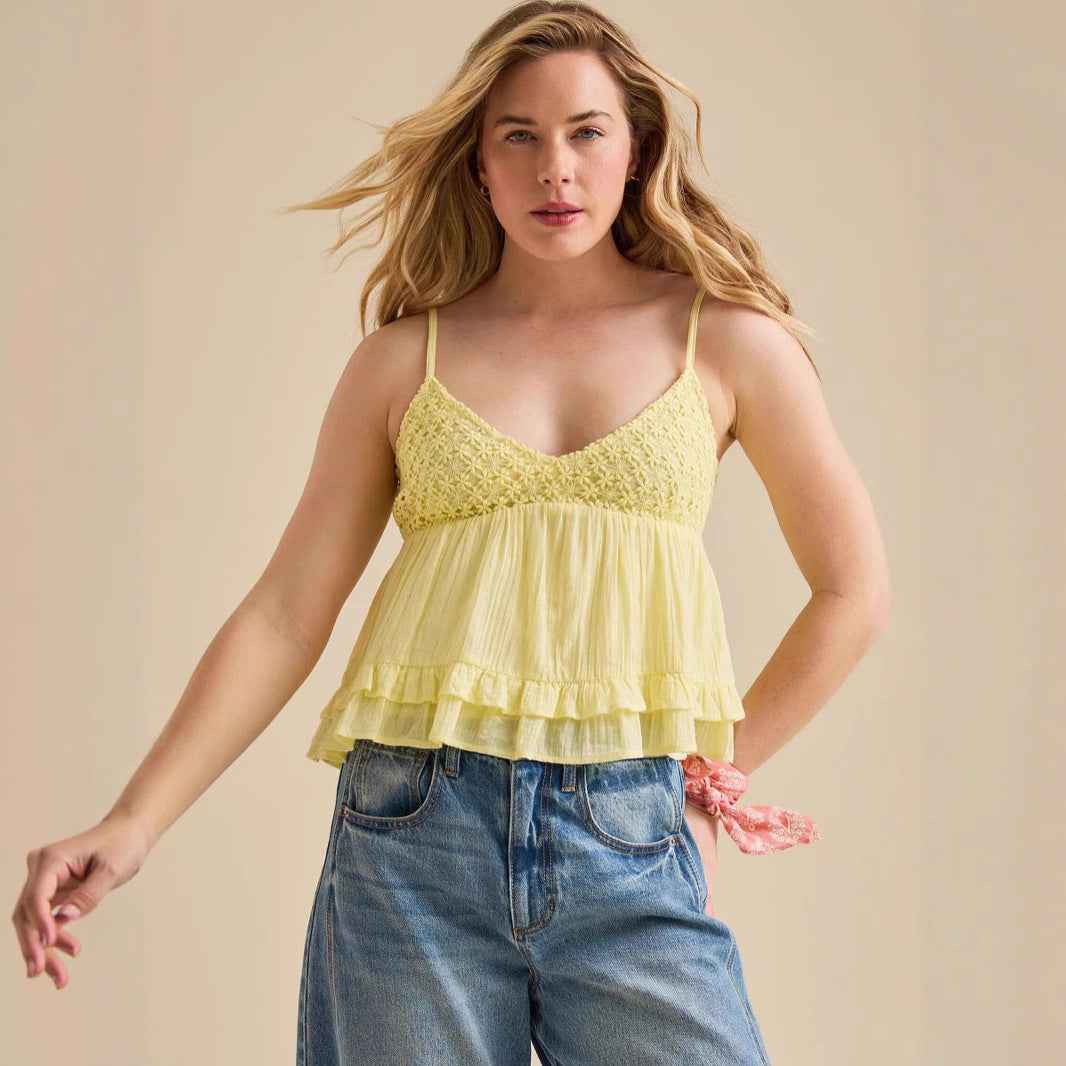 Women's Lace Panel Cami Top — Spaghetti Strap Cropped V-Neck