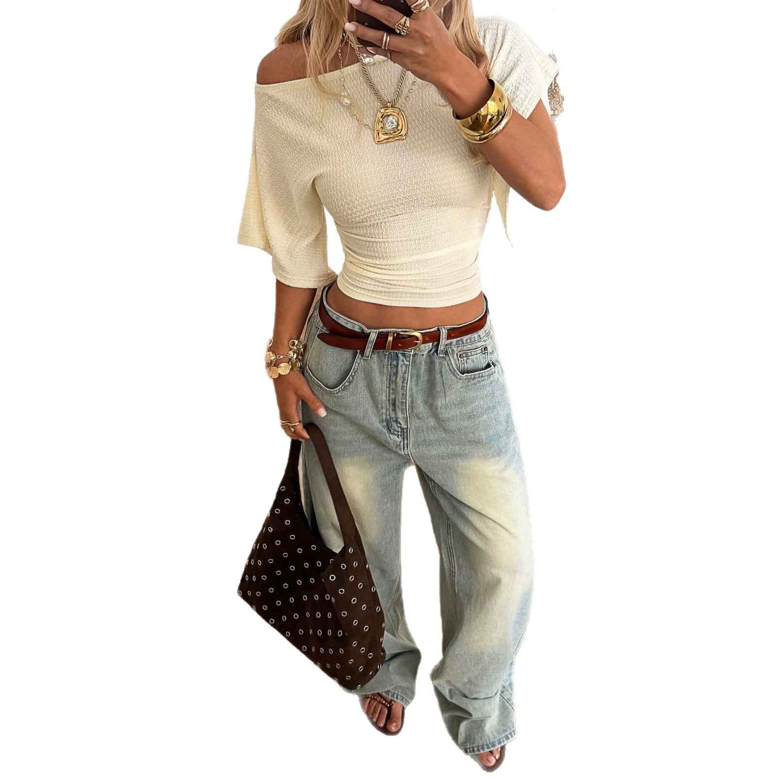 Off-Shoulder Flared Sleeve Slim-Fit Top