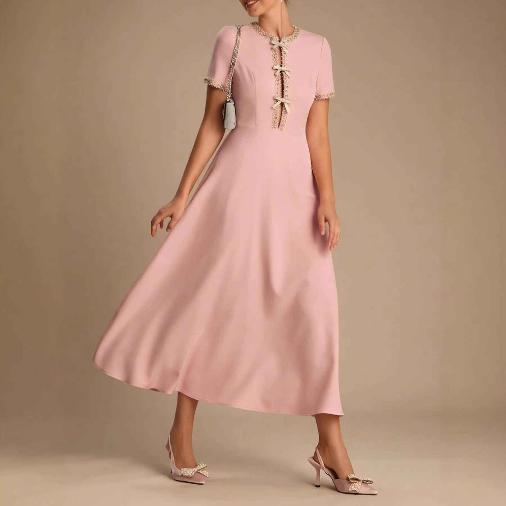 Rhinestone-Embellished A-Line Dress — High Waist, Elegant Office Wear