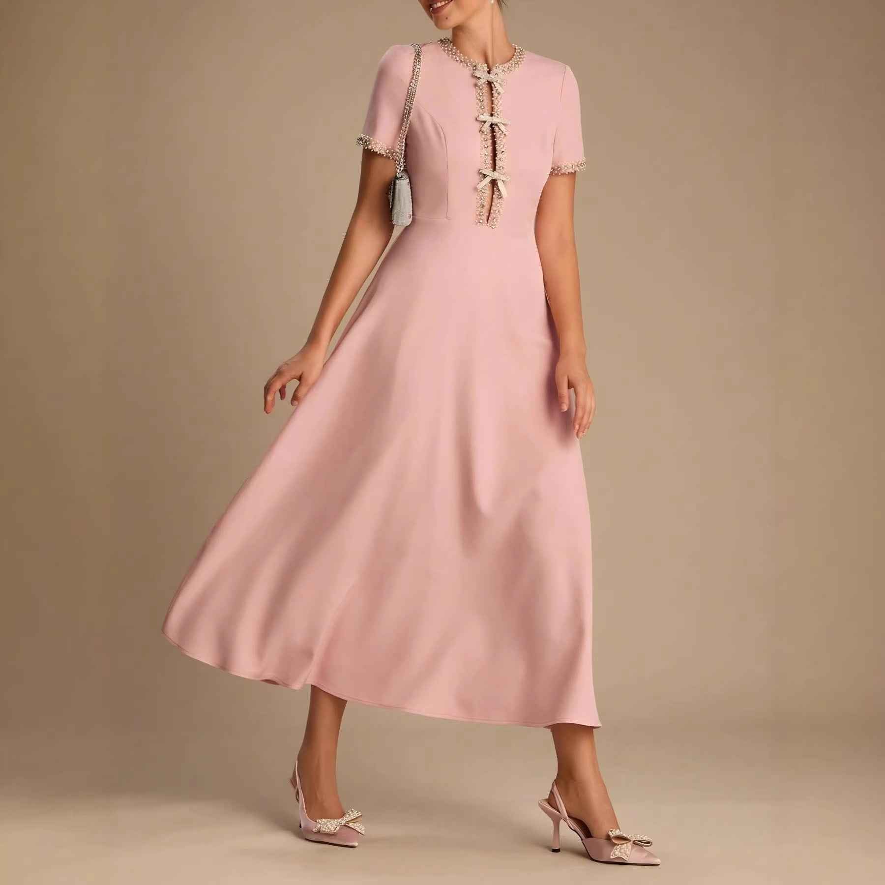 Rhinestone-Embellished A-Line Dress — High Waist, Elegant Office Wear