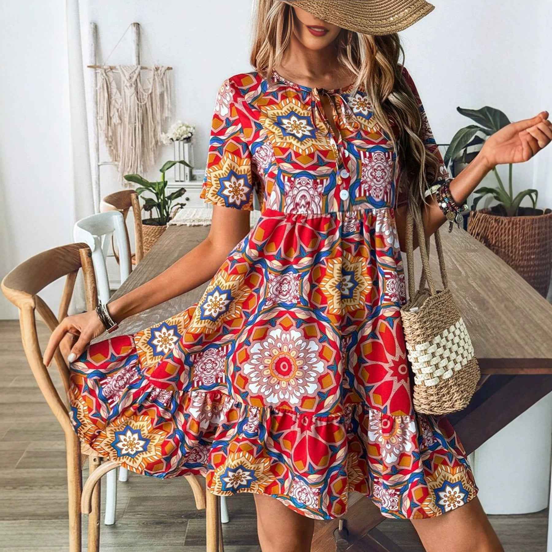 Bohemian V-Neck Midi Dress – Stretch Waist Plus Size