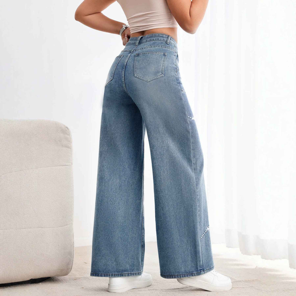 Women's Vintage Washed High-Waist Straight-Leg Denim Jeans with Lace-Up & Beadwork