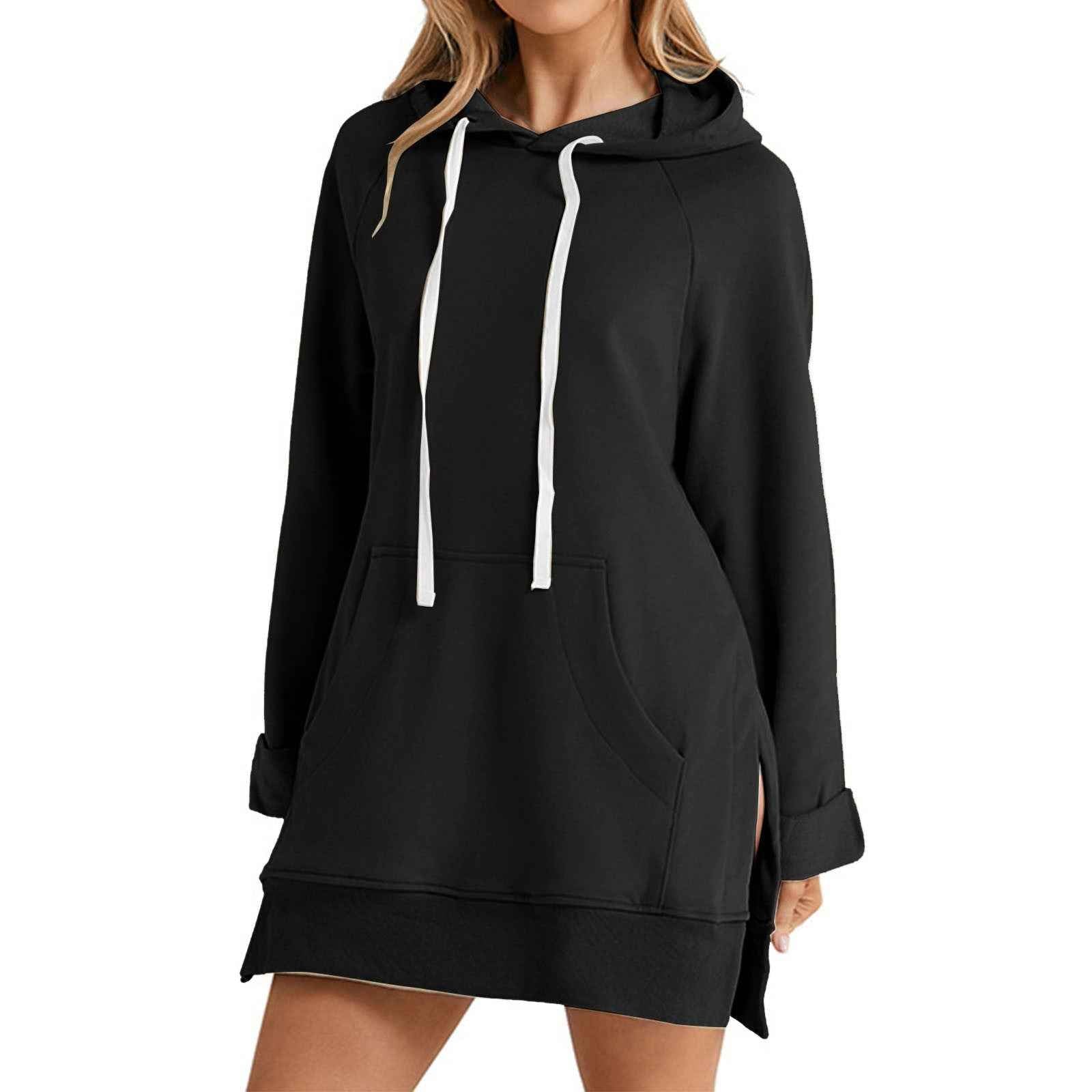Womens Solid-color Hooded Mid-length Sweatshirt Now Available