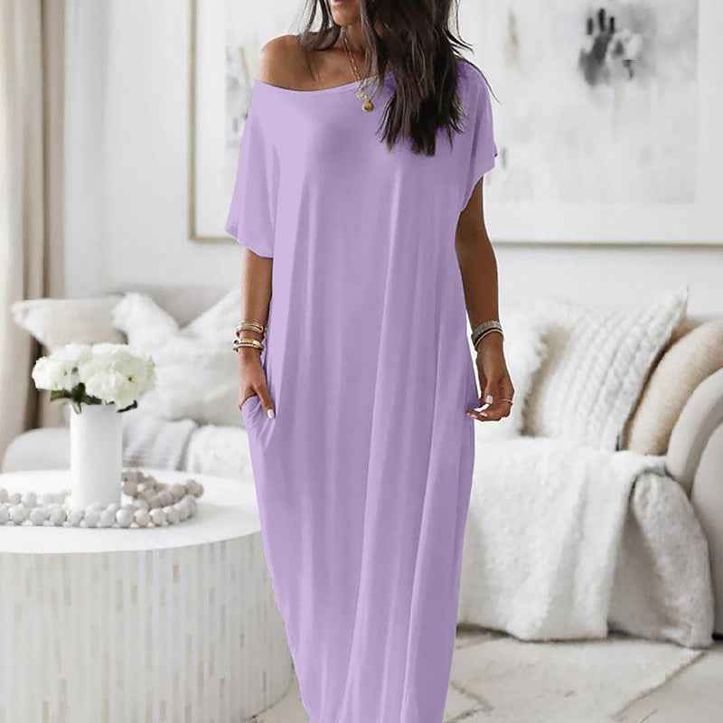 Off Shoulder Short Sleeve Pocket Loose Flowy Maxi Dress