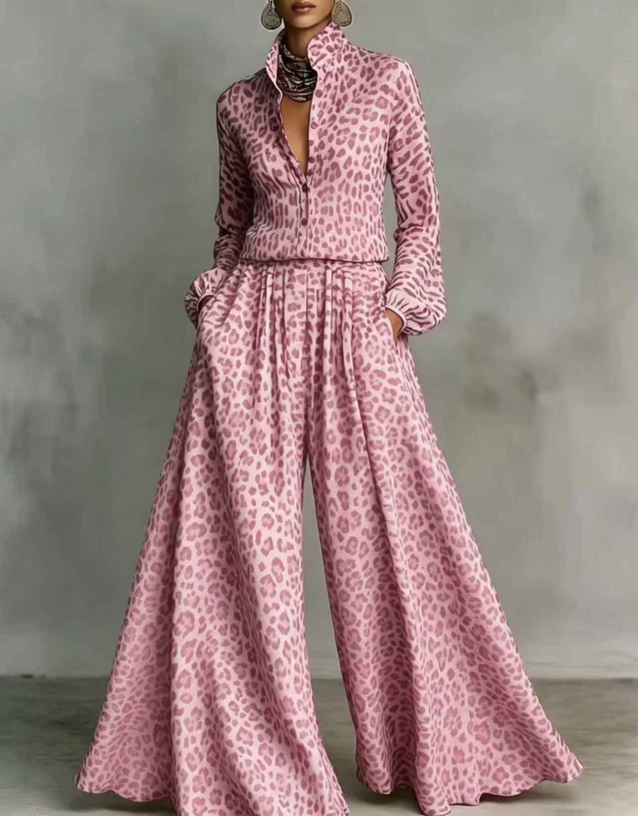 Women's Leopard Print Wide-Leg Pants & Top Set