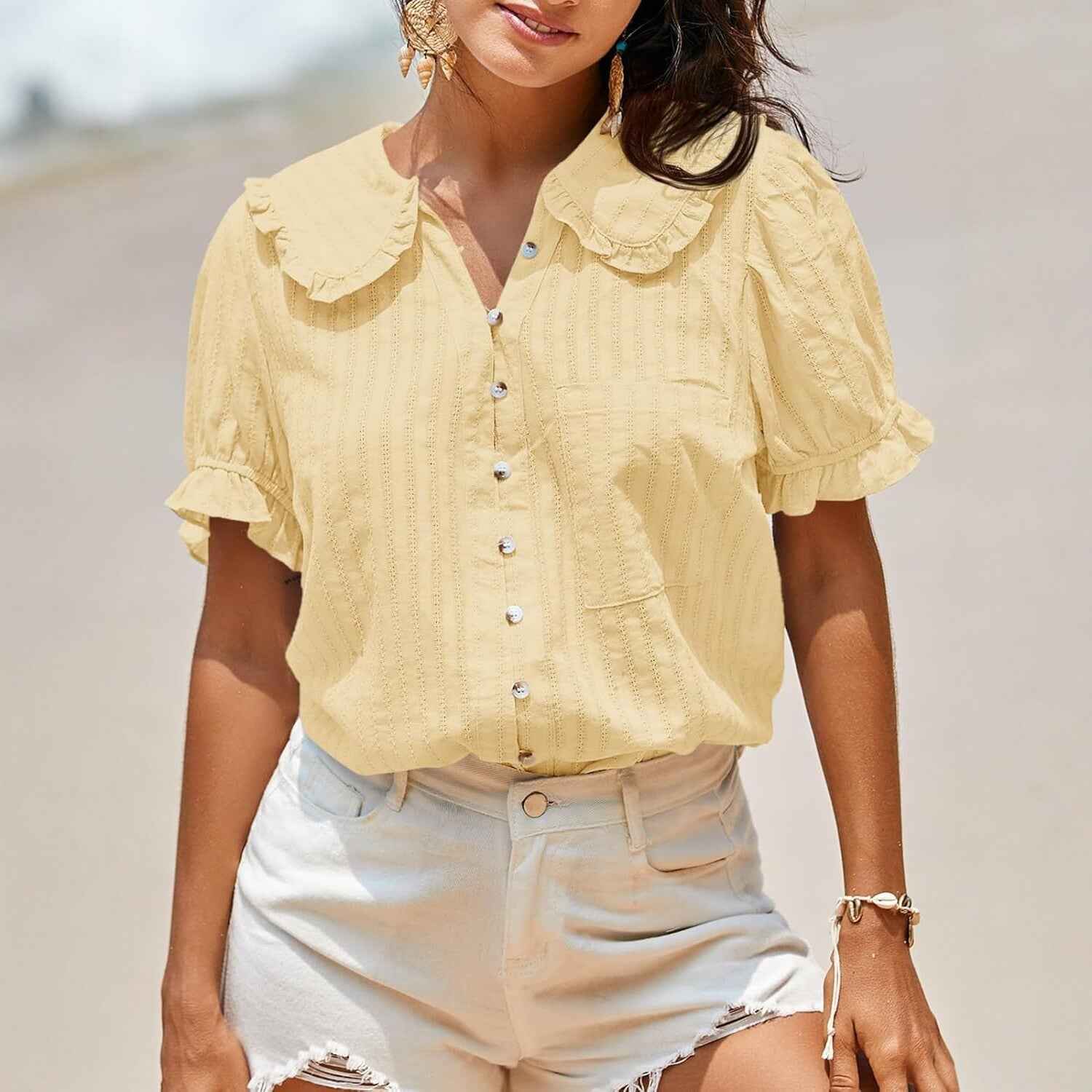 Women's Puff Sleeve Doll Collar Blouse – Ruffled Hem, 3 Colours