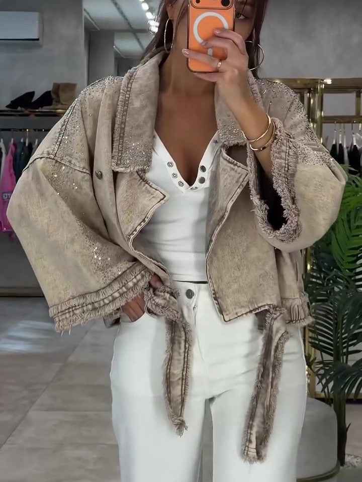 Rhinestone Frayed Wrap Cropped Denim Jacket