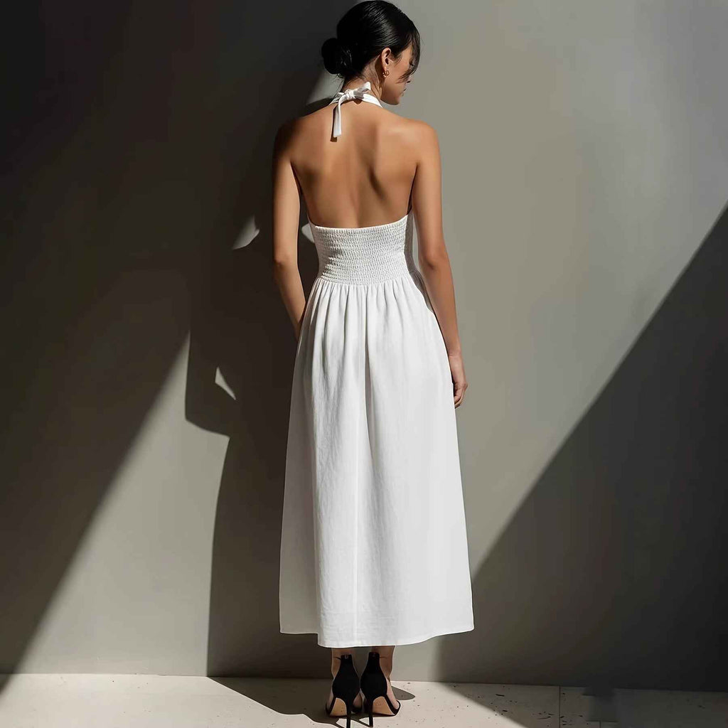 White Off-Shoulder Halter Neck Midi Dress