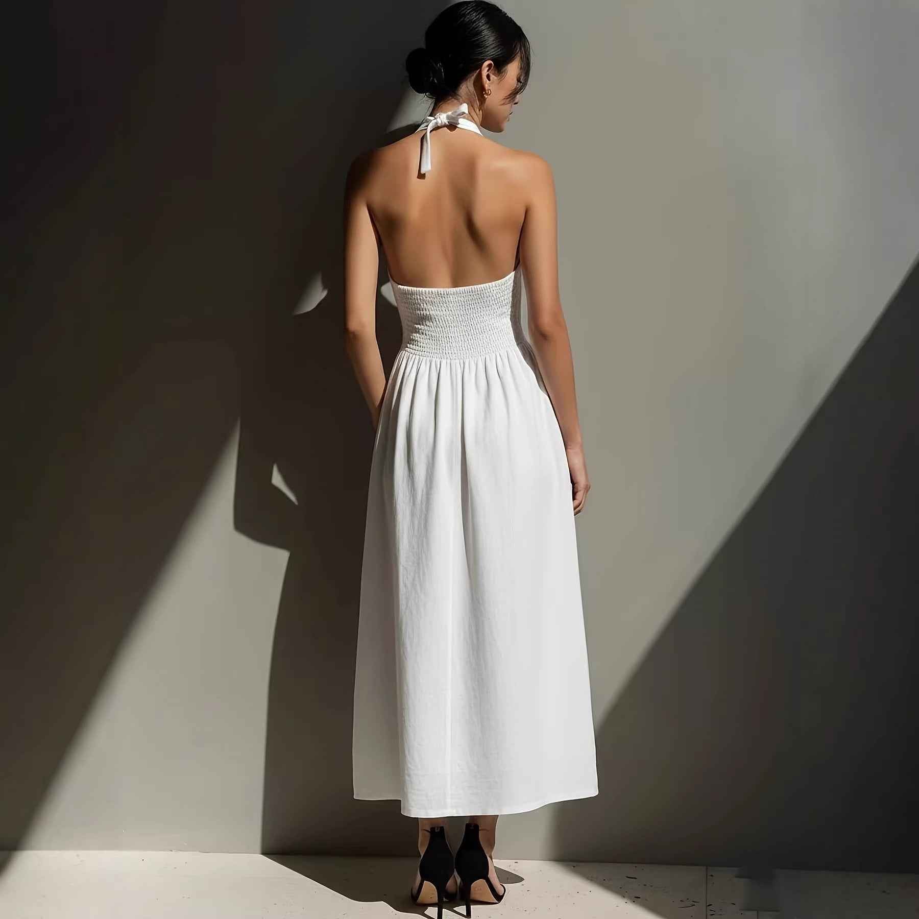 White Off-Shoulder Halter Neck Midi Dress