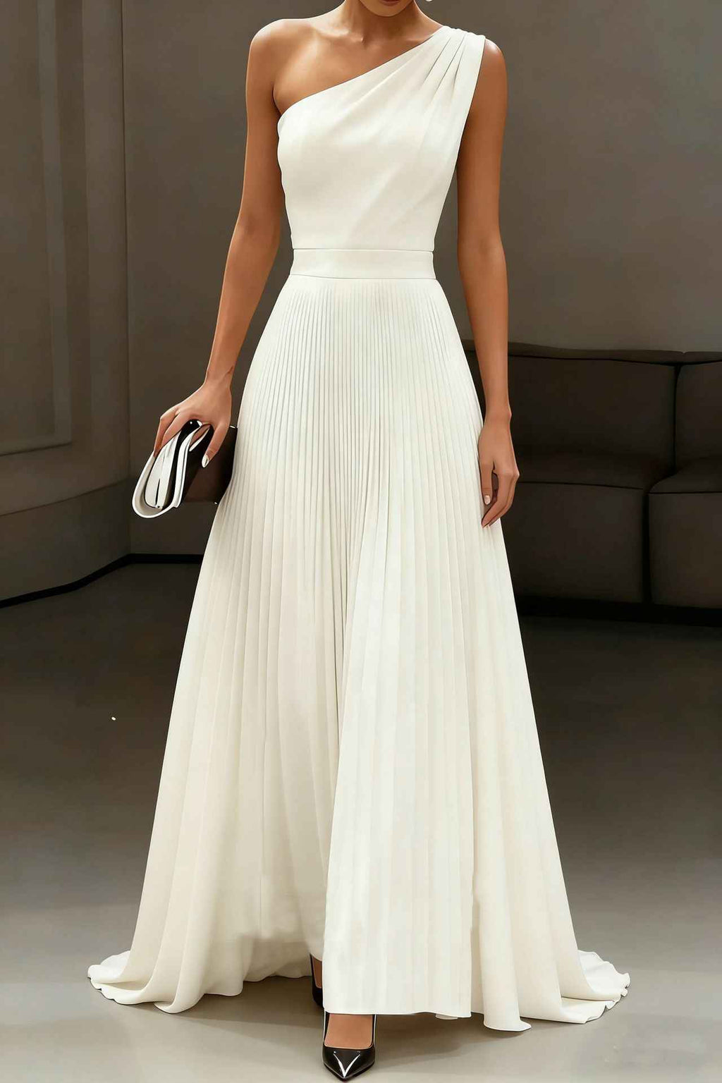 Women's Asymmetric One-Shoulder Pleated Maxi Gown — White