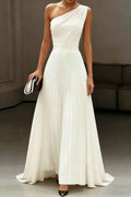 Women's Asymmetric One-Shoulder Pleated Maxi Gown — White