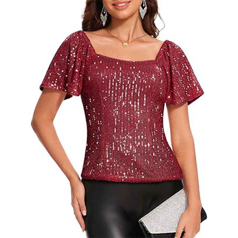 Womens Fashionable Square-neck Short-sleeve Sequin Puffed Sleeves